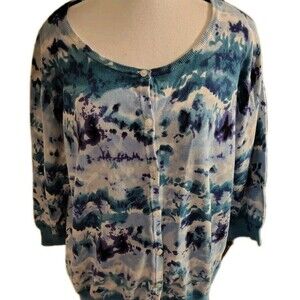 Lane Bryant Cardigan Button Sweater Size 18/20 Coastal Water Print 3/4 Sleeve...